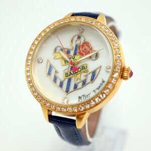 Betsey Johnson "Hey Sailor" Anchor Watch 42mm Jewels Blue Leather w New Battery